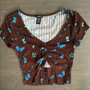 Like new Rue21 Brown and Blue Butterfly Print Short Sleeve Top